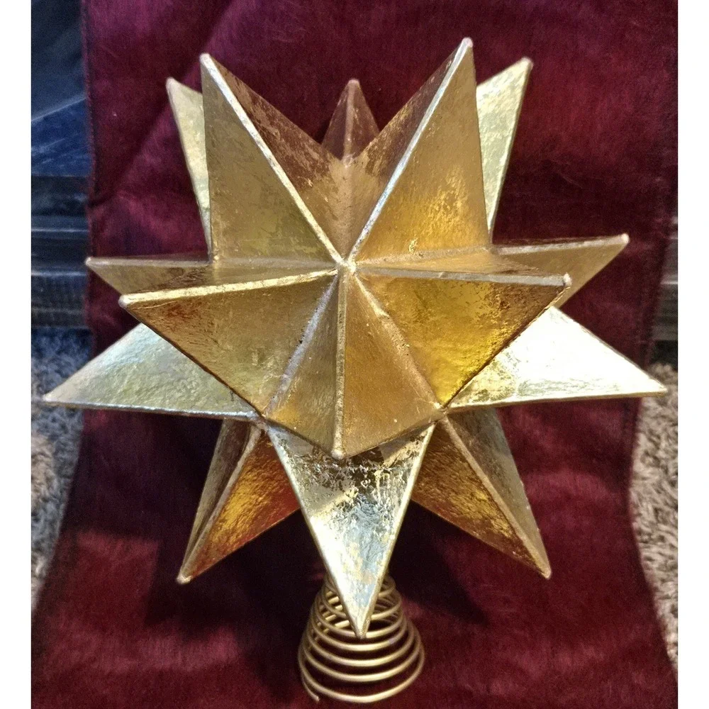 Vintage Gold Moravian Star Christmas Tree Topper Metal Spring 3D 9